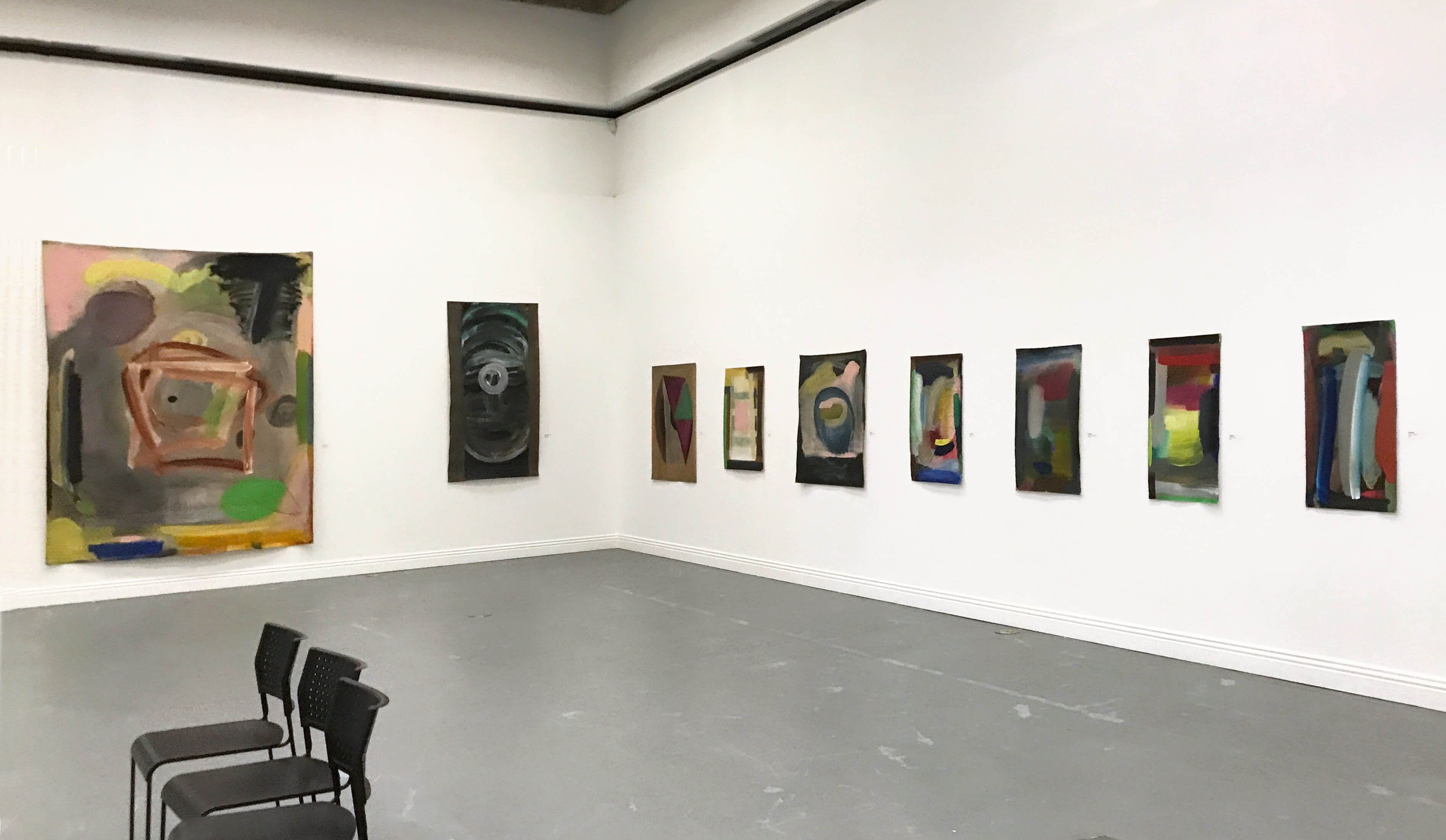 Installation view, Keisho Okayama: Selected Works - Paintings from 1995-2012, all acrylic on canvas.
