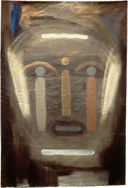 Keisho Okayama, painting, Face with Three Figures,</em> acrylic on canvas, 78-1/2 x 53-1/2 inches, 1989