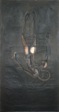 Keisho Okayama, painting, Falling Man, acrylic on paper, 88-1/2 x 45-1/2 inches, 1980