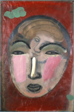 Keisho Okayama, painting, Head, Chinese Red Background/Green Cloud, acrylic on paper, 35-1/4 x 23-1/4 inches, 1985