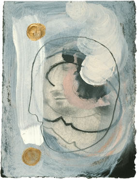 Layered Faces/Two Gold Dots, acrylic, charcoal and pencil on paper, 7-1/2 x 5-1/2 inches, 1994