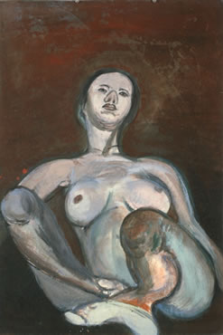 Keisho Okayama, painting, Reclining Nude/Large Nose, acrylic on paper, 35 x 23 inches, 1978