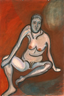 Keisho Okayama, painting, Seated Female Nude/Leaning on Hand, acrylic on paper,  35 x 23 inches, 1978