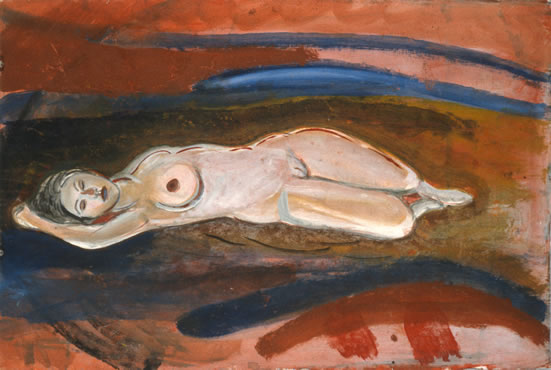 Keisho Okayama, painting, Sleeping Female Nude, acrylic on paper, 23 x 35 inches, 1978