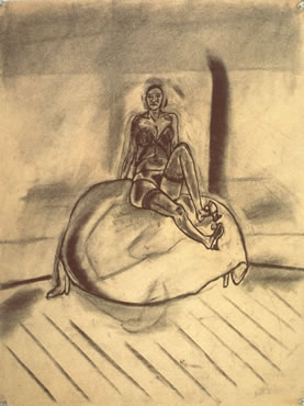 Keisho Okayama, drawing, Untitled, charcoal on newsprint, 24 x 18 inches, c. 1966