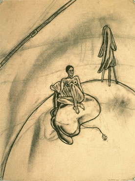 Keisho Okayama, drawing, Untitled, charcoal on newsprint, 24 x 18 inches, 1967